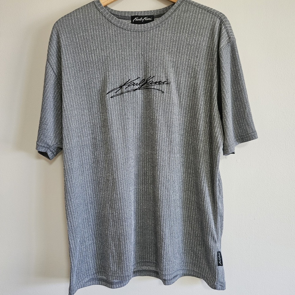Karl Kani Men's Gray Knit Ribbed Embroidered Logo Crew Neck T-Shirt L Polyester